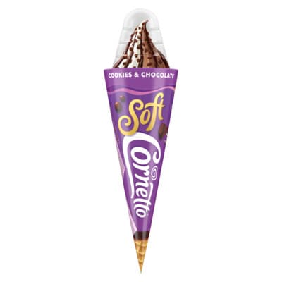 Cornetto Soft Cookie & Choc 140ml - Indulge with an incredibly soft and smooth milk chocolate & cookie flavour ice cream, heightened by a delicious chocolate sauce centre and topped with tasty chocolate cookie pieces.